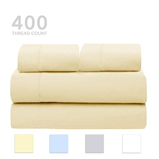 SanCozy 400 Thread Count Sheet Set, 4 Piece set, 100% Premium Cotton, Full size,Ivory,Sateen Weave Bedsheet, Breathable, Fits up to 18 inches deep mattresses by