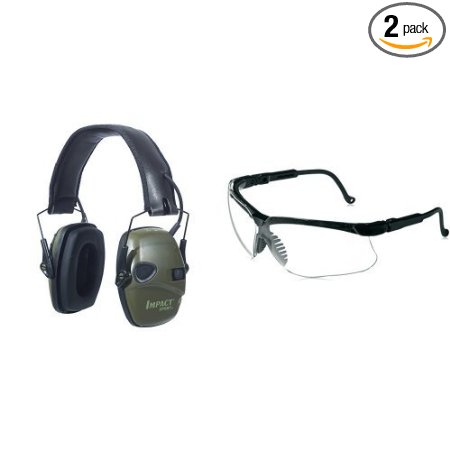 Two Howard Leight by Honeywell Classic Green Impact Sport Sound Amplification Electronic Earmuffs with Two Clear Lens Sharp-Shooter Safety Eyewear