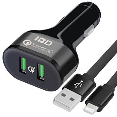 IBD Car Charger Dual USB 3.0 Phone Charger Using Qualcomm QC3.0 Quick Charge Chip   Lighting Cable For iPhone X, 8, 7/7 Plus,7,6S/6S Plus,6/6Plus,5S/5SE,5,iPad Pro, Compatible Smart charger Devices
