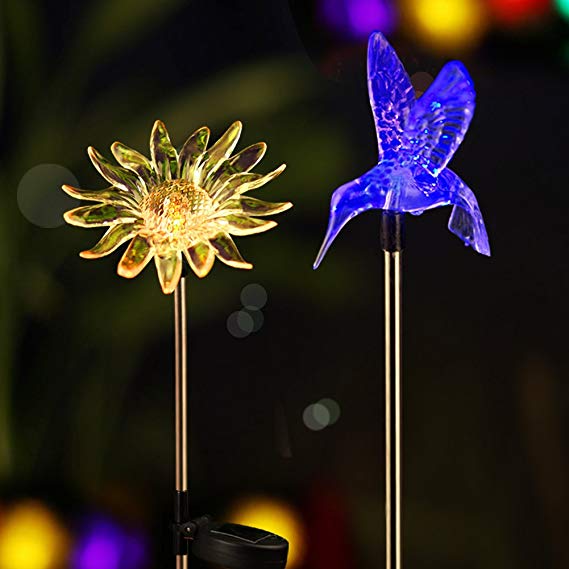Bright Zeal [Set of 2] LED Color Changing Solar Stake Lights Outdoor - Solar Light LED Garden Decor Statues (Sunflower, Hummingbird) - Patio Lights LED Outdoor Multicolor Changing LED Lights
