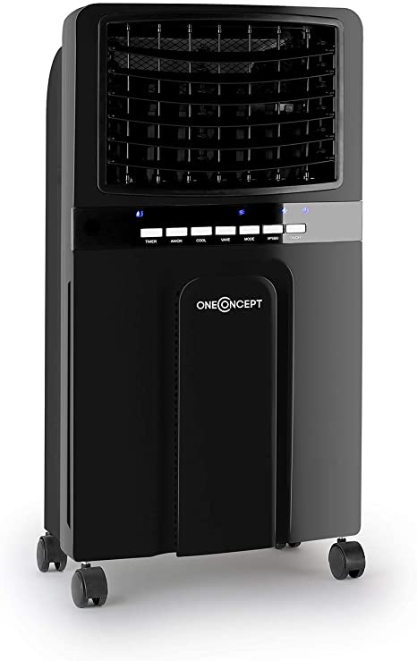 OneConcept Baltic Black - 3-in-1: Air Cooler, Fan, Humidifier, 65 Watts, Air Circulation: 360 m³ / h, Tank: 6 Litres, 2 Cooling Batteries, Horizontal Oscillation, Timer, Quiet Operation, Black