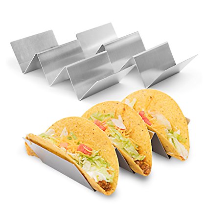 2 Pack - Stylish Stainless Steel Taco Holder Stand, Taco Truck Tray Style, Rack Holds Up to 3 Tacos Each, Oven Safe for Baking, Dishwasher and Grill Safe, 4” x 8”, by California Home Goods