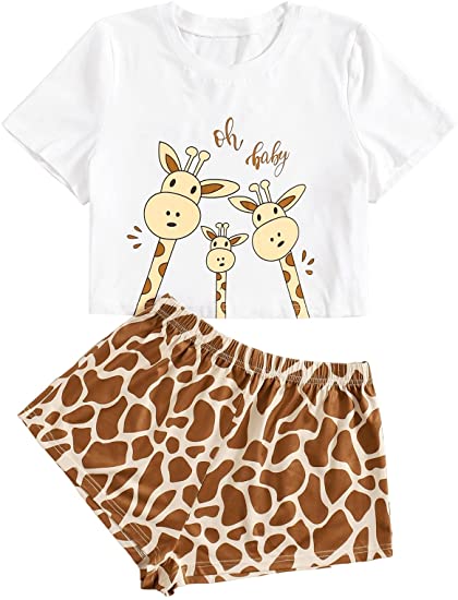 DIDK Women's Cute Cartoon Print Tee and Shorts Pajama Set