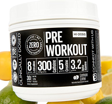 Hi-Dosis PRE Workout - All Natural Clinically dosed & formulated preworkout powder for men & women. Strongest supplement around to enhance your workout strength & endurance (Super Sour Lemon/30 Serv.)