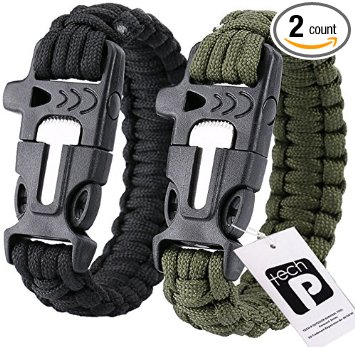 TECH-P Outdoor Survival Kit Bracelet Paracord Whistle Gear Flint Fire Starter-2 Pack