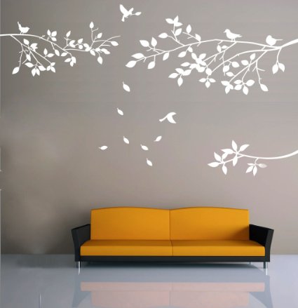 Elegant Tree and Birds Wall Decal Art Branch Wall Sticker Living Room Decoration (White, XL)