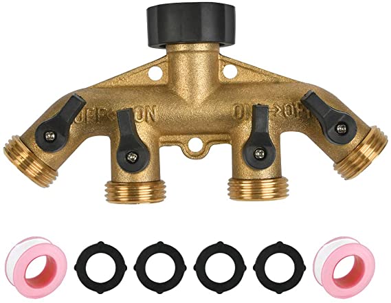 TIMESETL 4 Way Heavy Duty Brass Garden Hose Splitter, 3/4" Hose Connector, Hose Spigot Adapter with 4 Valves, Plus Extra 4 Rubber Washers and 2 Sealing Tapes for Drip Irrigation, Lawns