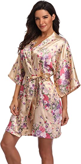 Women's Floral Short Satin Bridesmaid Robes Silky Bride Robes Getting Ready