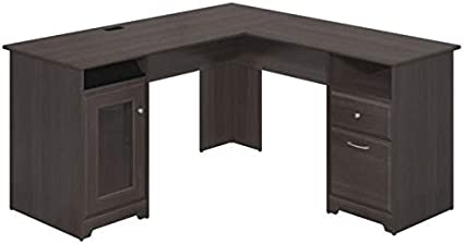 Pemberly Row 60" Home Office L-Shape Desk with 4-Port USB Hub and File Drawer in Heather Gray
