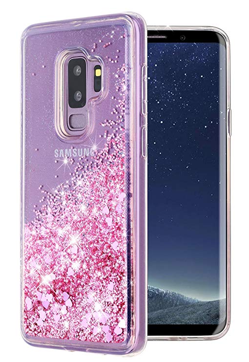Galaxy S9 Plus Case,WORLDMOM Double Layer Design Bling Flowing Liquid Floating Sparkle Colorful Glitter Waterfall TPU Protective Phone Case for Samsung Galaxy S9 Plus, Rose Gold