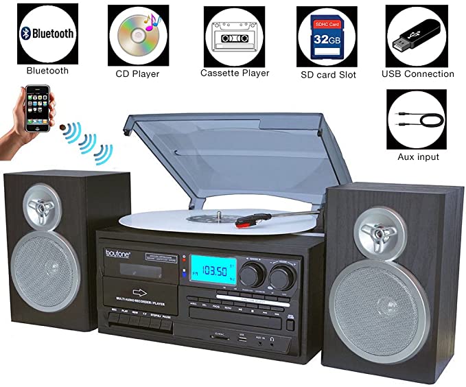 Boytone BT-28SBS, Bluetooth Classic Style Record Player Turntable with Am/FM Radio, Cassette Player, Cd Player, 2 Separate Stereo Speakers, Record Vinyl, Radio, Cassette to MP3, SD Slot, USB, Aux, 21 x 13 x 11