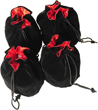 Drawstring Dice Pouches, Black Velvet, Red Satin Lined, 3 x 5 Inches, Bundle of 4 Pouches