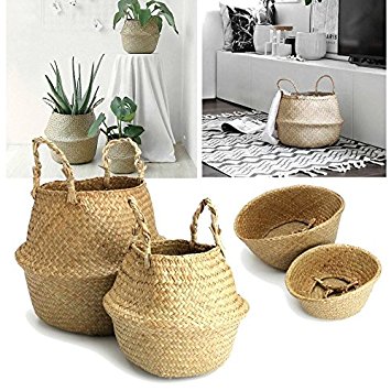RISEON Natural Seagrass Belly Basket Panier Storage Plant Pot Collapsible Nursery Laundry Tote Bag with Handles (13" (32x28cm))