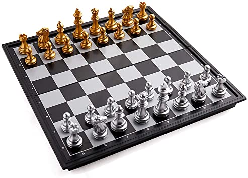 Magnetic Travel Chess Set（10inch X 10inch）, Folding Chess Set for Adults and Kids, Game Chess Board Set Gift for Chess Lovers and Beginners (Gold and Silver - 32pcs)