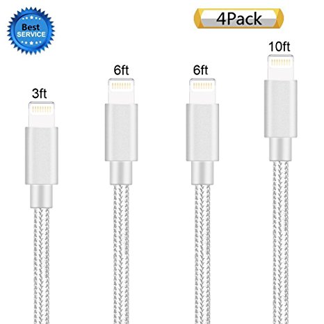 Zcen Lightning Cable, 4 Pack 3Ft 6Ft 6Ft 10Ft - Nylon Braided Cord iPhone Cable to USB Charging Charger for iPhone 7, Plus, 6, 6S, SE, 5S, 5, 5C, iPad, iPod - Silver