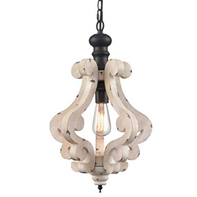CLAXY Wooden Pendant Light Distressing Off-White Finish Farmhouse Chandelier