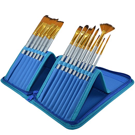 Paint Brushes - 15 Pc Art Brush Set for Watercolor, Acrylic, Oil & Face Painting | Short Handle Artist Paintbrushes with Travel Holder & Free Gift Box | 1 Year Warranty (Cool Blue)