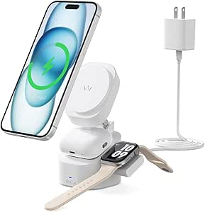 iWALK Higher and More Stable 3 in 1 Foldable Wireless Charging Station,Adjustable Magnetic Portable Charger Stand, Travel Charger for iPhone 15 Apple Watch AirPods (20W USB-C Charger Included)