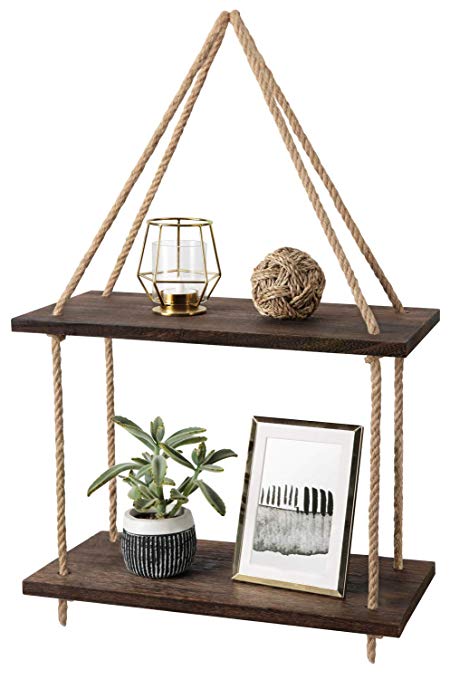 Mkono Wood Hanging Shelf Wall Swing Storage Shelves Jute Rope Organizer Rack, 2 Tier