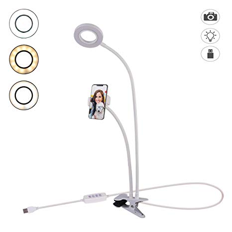 Tranesca Selfie Ring Light with Cell Phone Holder Stand for Live Stream/Makeup, LED Camera Lighting [3-Light Mode] with Flexible Arms Compatible with iPhone 8 7 6 Plus X Android (White)