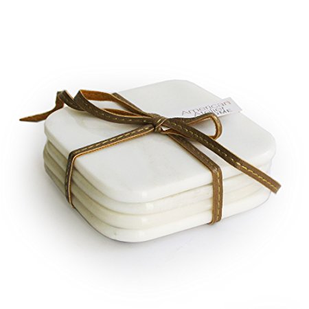 American Atelier Marble Coasters with Ribbon, White, Set of 4