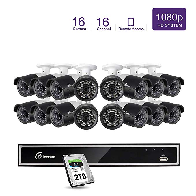 Loocam 16CH 1080p Security Camera System, 16 Channel DVR (2TB HDD) and 16x 2MP Outdoor IP67 Weatherproof CCTV Surveillance Bullet Cameras, 150ft Night Vision, Motion Detection and Email Alert