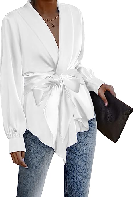 ACEVOG Women's Satin Blouse Wrap Tie Waist or Open Front Shirt Silk Drape Dressy Long Sleeve Top