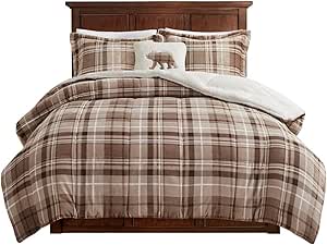 Woolrich Reversible Comforter Set Ultra Soft Plush to Sherpa, Down Alternative, Cold Weather Winter Warm Bedding, with Matching Sham, Decorative Pillow Tan Plaid Full/Queen 4 Piece