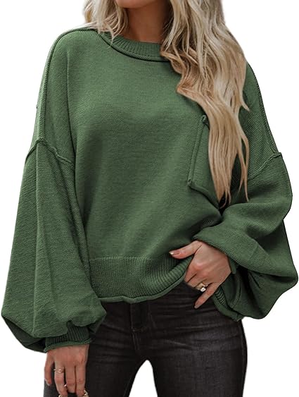 Dokotoo Women's Lantern Sweater 2023 Fall Winter Long Sleeve Casual Cropped Tops Ribbed Hem Knitwear Pullover