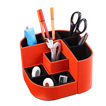 VPACK Magnet Desk Organizer Pen Holder - PU Leather Office Supplies Desktop Stationery Storage Box (Tangelo Orange)