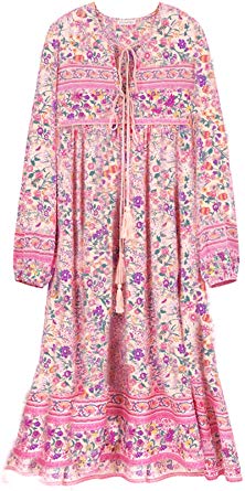 R.Vivimos Women's Long Sleeve Floral Print Retro V Neck Tassel Bohemian Midi Dresses