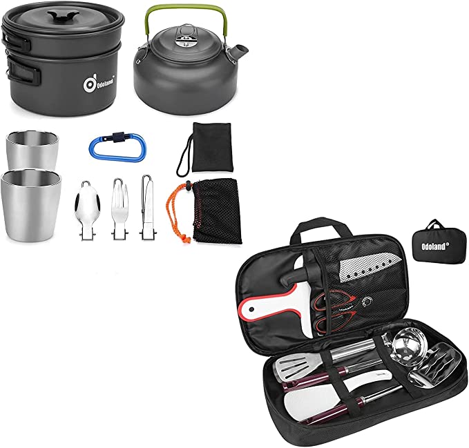 Odoland Bundle – 2 Items 10pcs Camping Cookware Mess Kit and 8 Pcs Camping Cookware Utensils Travel Set for Backpacking, Outdoor Camping