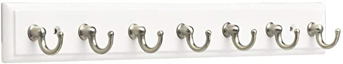 Rack with 7 Hooks, in White and Satin Nickel, 14inch Key Rail