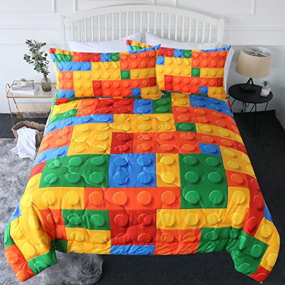 BlessLiving 3 Piece Funny Toy Comforter Set with Pillow Shams Colorful Building Blocks Bedding Set with 3D Printed Designs Reversible Comforter Twin/Twin XL Size Bedding Sets