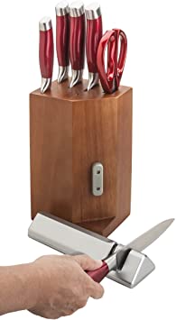New England Cutlery 7- Piece Knife Block Set with Sharpener - Red