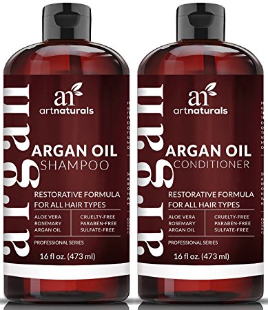 Art Naturals Organic Moroccan Argan Oil Shampoo and Conditioner Set (2 x 16 Oz) - Sulfate Free - Volumizing & Moisturizing, Gentle on Curly & Color Treated Hair, For Men & Women – Infused with Keratin