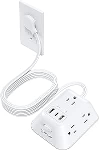 TROND 15ft Long Extension Cord - Ultra Thin Flat Plug Power Strip with 5 Widely-Spaced AC Outlets, 2 USB A and 1 USB C, 1440J Surge Protector, 3-Sided Wall Mount for Home Office Dorm Room, White