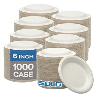 SOLO Bare Eco-Forward 6 Inch Plant-Based Sugarcane Fiber Round Plate, (8 Packs of 125, 1000 Plates Total), Solo Cup Company Eco-Friendly Disposable Paper Plates Alternative