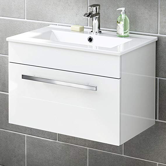 600 mm White Gloss Vanity Sink Unit Ceramic Basin Wall Hung Bathroom Furniture MV804