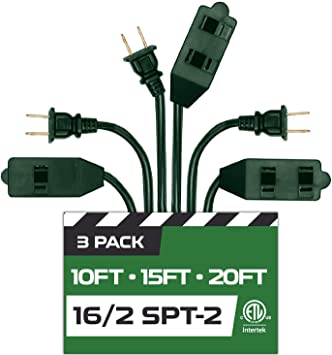 Green Extension Cord 3 Pack, 10ft 15ft & 20ft - 16/2 Durable Electrical Cable with 3 Power Outlets - Great for Powering Christmas Decorations