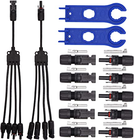 Ruikarhop Solar Connectors Y Branch 1 to 4 Adapter Cable Wire Plug,Solar Assembly Tool and 5 Pairs Male/Female Solar Panel Connectors