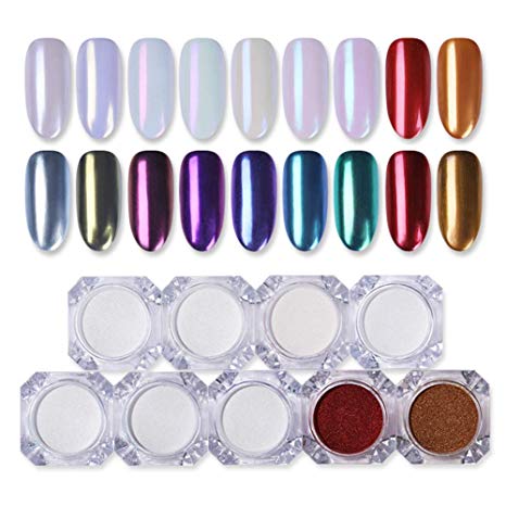 BORN PRETTY 9 Boxes Pearl Powder Nail Mirror Effect Colorful Nails Art Glitter Iridescent Metallic Manicuring Pigment 1G