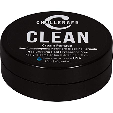 New Matte Cream Pomade - Non-Comedogenic, Fragrance Free - Challenger Clean 3oz - Medium Firm Hold - Non-Pore Blocking, Shine Free, Water Based, Travel Friendly. Hair Wax, Fiber, Paste in 1 (1.5OZ)