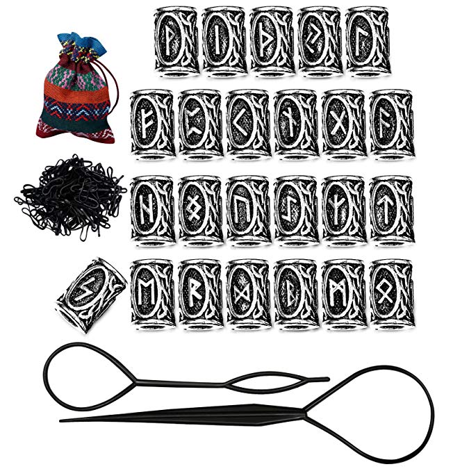 Hanpabum 24Pcs Vikings Runes Beads and Rubber Bands Black Fashion Hair Accessories for Women Men Braiding Bracelet Necklace DIY