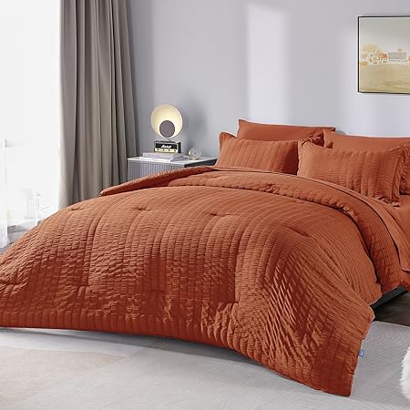 CozyLux Queen Seersucker Comforter Set with Sheets Burnt Orange Bed in a Bag 7-Pieces All Season Bedding Sets with Comforter, Pillow Sham, Flat Sheet, Fitted Sheet, Pillowcase