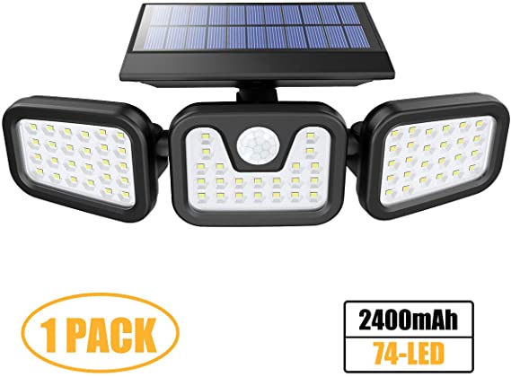 Solar Lights Outdoor with Motion Sensor, 3 Heads Security Lights Solar Powered, 74LED Flood Lights Motion Detected Spotlights 360° Rotatable IP65 Waterproof for Porch Garage Yard Entryways Patio-1PCS