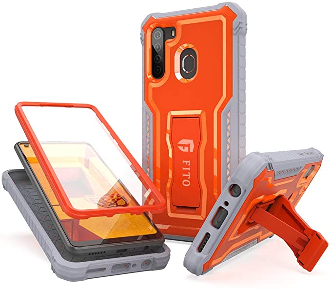 FITO Samsung Galaxy A21 Case, Dual Layer Shockproof Heavy Duty Case with Screen Protector for Samsung A21 Phone, Built-in Kickstand (Orange, SAM A21)