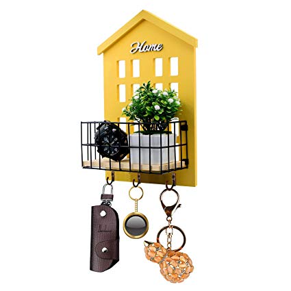 Key Holder -HENGSHENG Wood Wall Mounted.Mail, Letter Holder, Key Rack Organizer for Entryway, Kitchen, Office - Yellow(Upgraded to 3 Strong Hooks)