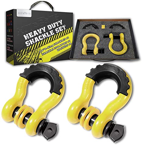 AUTOBOTS Bow Shackle 3/4" D-Ring Yellow Shackle (2 Pack), 41,887Ib Break Strength with 7/8" Pin, 2 Black Isolator and 4 Washers Kit for Off-Road Jeep Vehicle Recovery