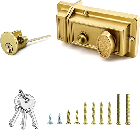 QWORK Night Latch Deadbolt Rim Lock with Key Gold Finish Antique Style Lock with Front Door Key